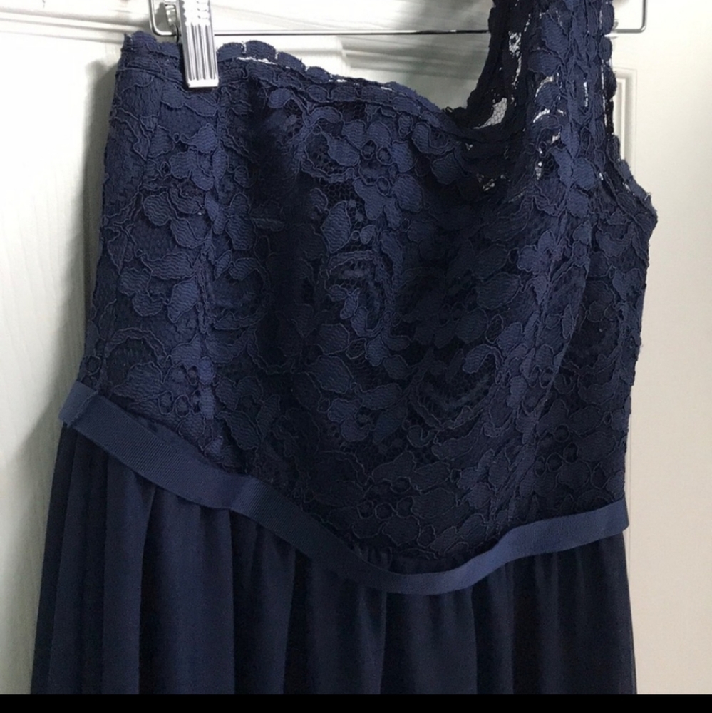 David's Bridal semi formal navy blue one shoulder dress.